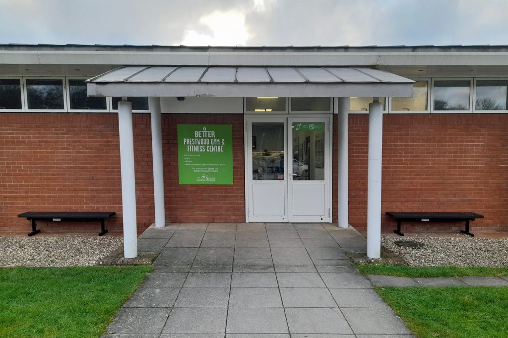 entrancce to Prestwood Gym & Fitness Centre, with benches part funded by Prestwood Community Association
