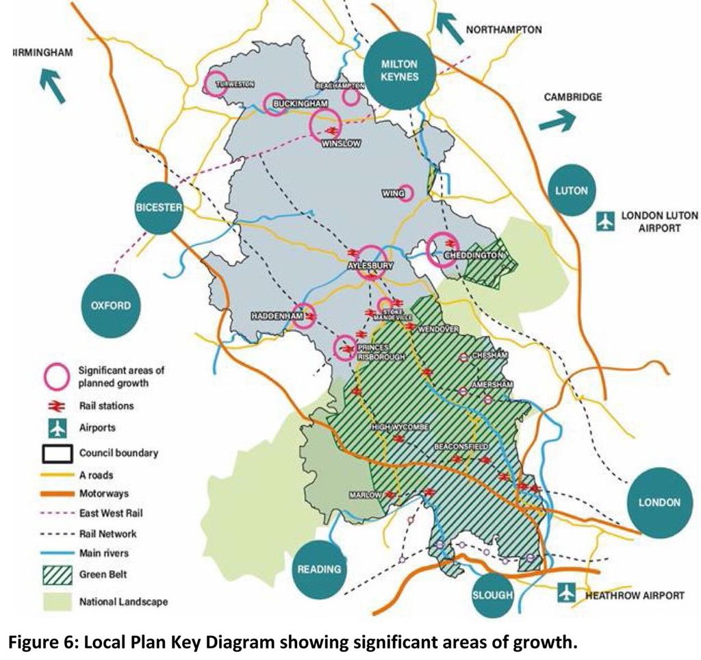 Buckinghamshire map showing major locations for development