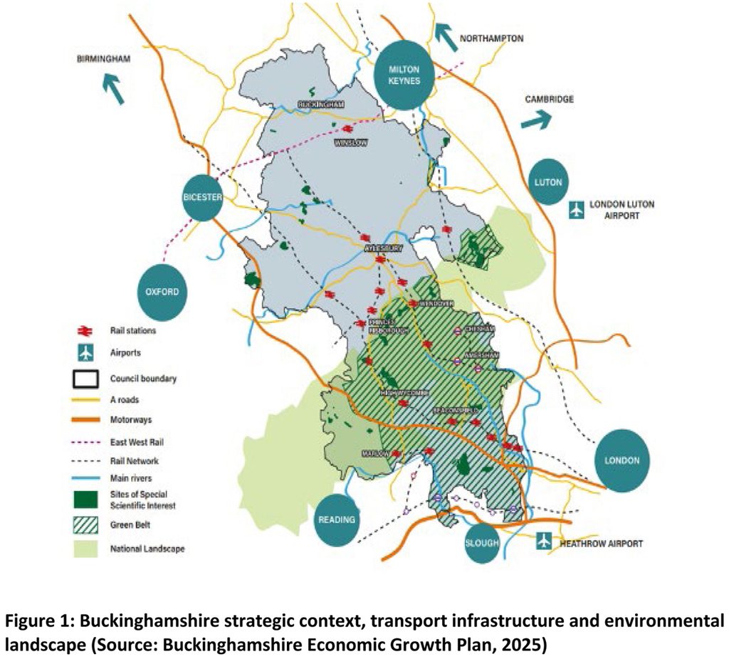 Buckinghamshire map showing south largely covered by Green Belt and Chilterns National Nandscape